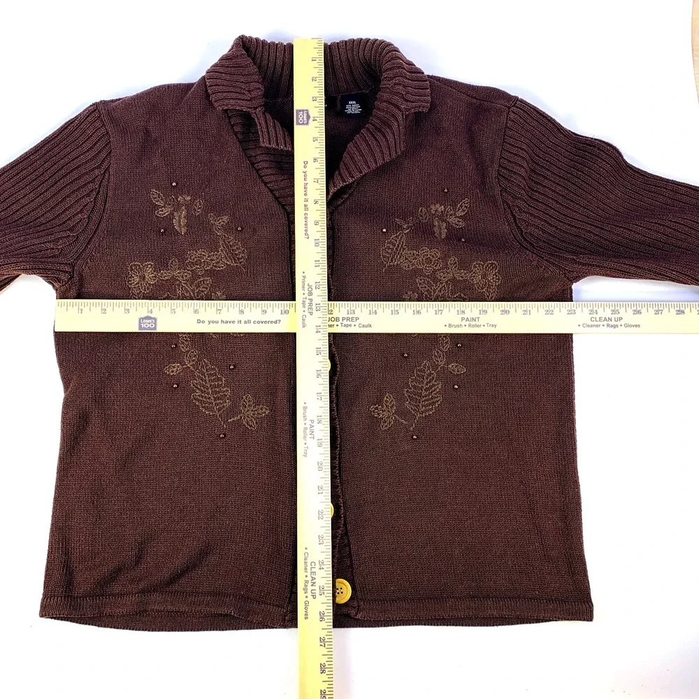 VTG Crystal Kobe Cardigan Sweater Womens Sz XXXL Brown Embroidered Leaves Beaded - Picture 3 of 14